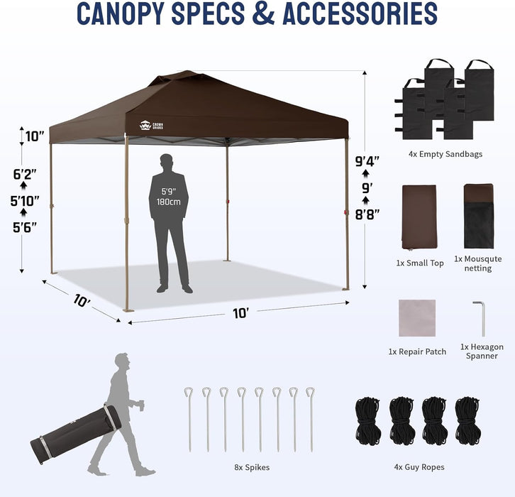 CROWN SHADES Gazebo 10X10 Pop up Canopy with Mosquito Netting, Screen Tent with 4 Ropes, 8 Stakes, 4 Sandbags and Wheeled Storage Bag, Canopy for Patio & Backyard Parties,Camping&Events -(Coffee)