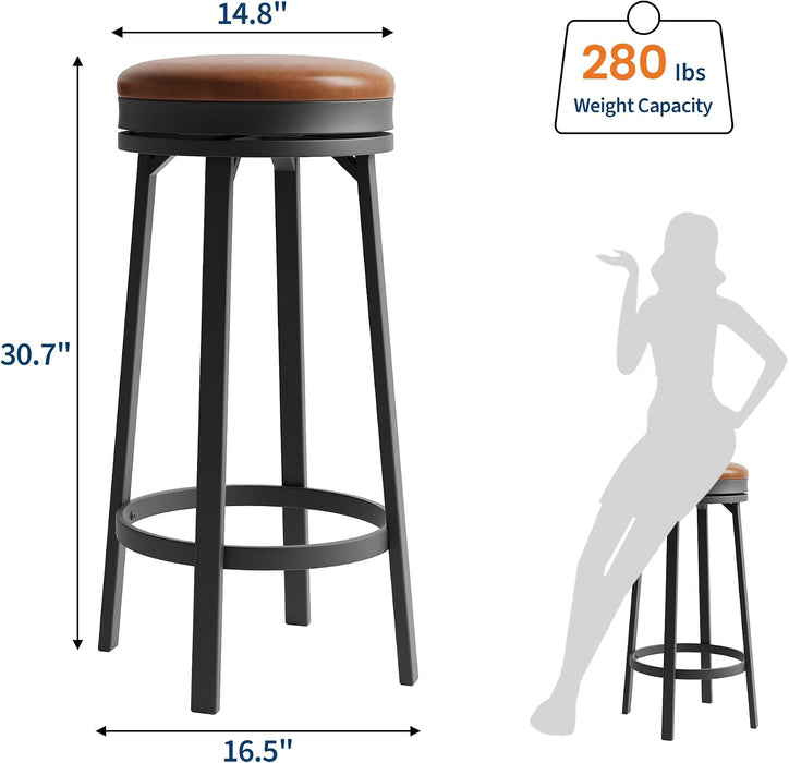 30'' Swivel Bar Stools Set of 4 with PU Leather Cushion | Backless round Counter Height Barstools, Metal Frame Legs and Footrest, for Kitchen Island, Home Bar, Brown