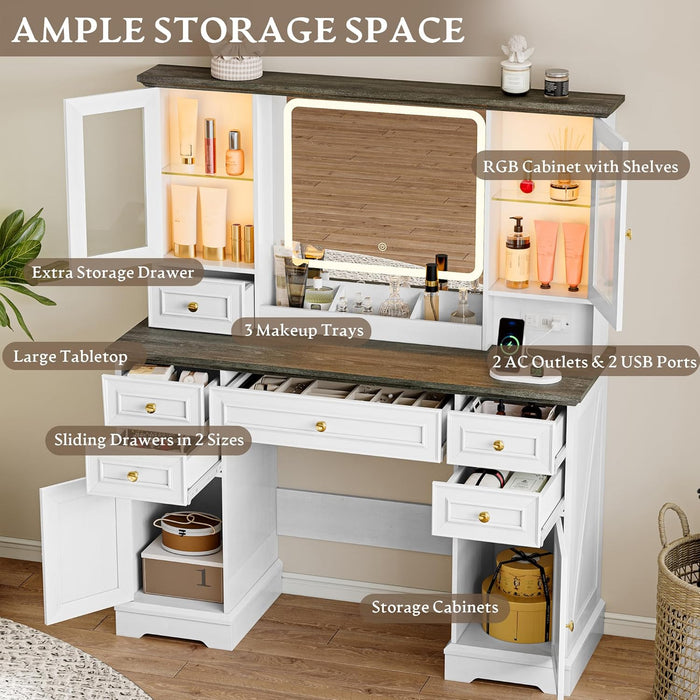 White Farmhouse Vanity Desk With Illuminated Mirror