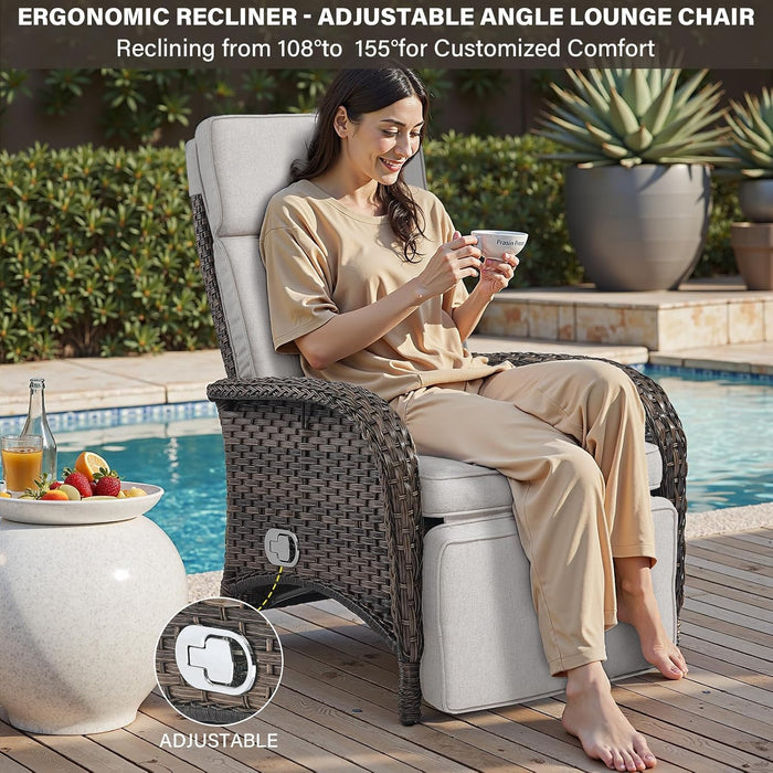 Versatile Outdoor Recliner Chair - Reclining Patio Chair with Adjustable Backrest and Footrest, All-Weather Wicker Chaise Lounge Chair Outdoor for Pool Deck Brown Beige