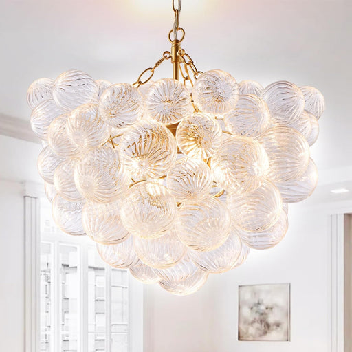 Gold Bubble Chandelier Lighting Dia 20" Swirled Clear Ribbed Hand Blown Glass Ball Chandeliers Hanging Decorative Light Fixture for Living Room Hallway Entryway Foyer Dining Room