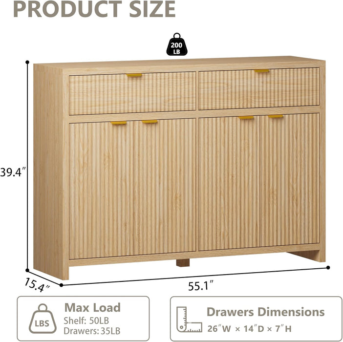 Fluted Sideboard Buffet Cabinet with Storage and Large Drawers, 55" W Credenza Storage Cabinet for Living Room or Entryway, 40'' H Farmhouse Buffet Table with Adjustable Shelves, Console Cabinet