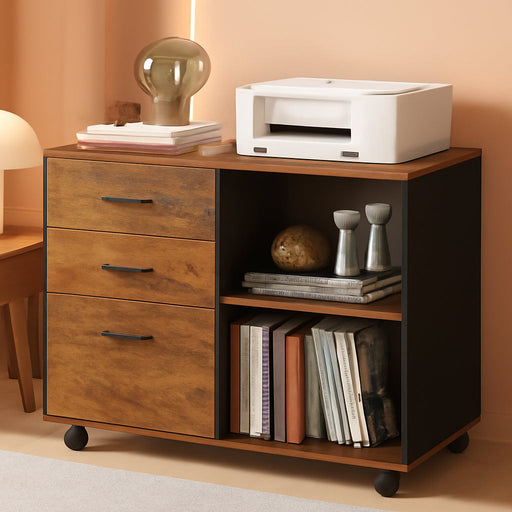 3 Drawer Wood File Cabinet, Rolling Filing Cabinet with Open Storage Shelf, Printer Stand for Home Office Storage and Organization, Fits Letter/A4 Files (Rustic Brown, Wood)
