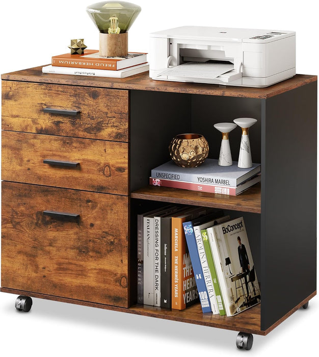 3 Drawer Wood File Cabinet, Rolling Filing Cabinet with Open Storage Shelf, Printer Stand for Home Office Storage and Organization, Fits Letter/A4 Files (Rustic Brown, Wood)