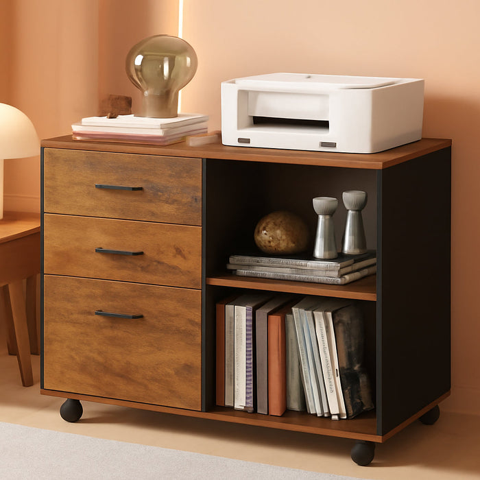 3 Drawer Wood File Cabinet, Rolling Filing Cabinet with Open Storage Shelf, Printer Stand for Home Office Storage and Organization, Fits Letter/A4 Files (Rustic Brown, Wood)