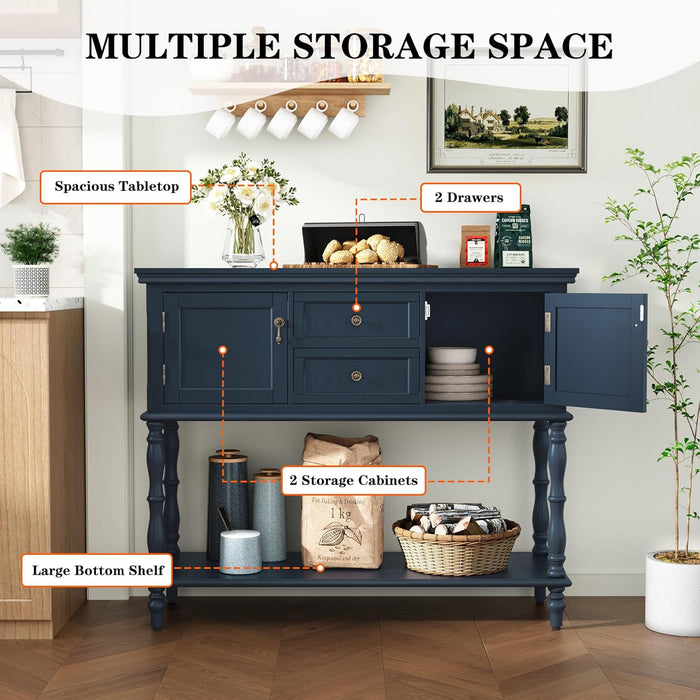 Console Table with 2 Drawers, Retro Entryway Table with 2 Door Cabinets and Open Storage Shelf, Narrow Long behind Couch Sofa Table for Living Room, Foyer, Hallway, Blue