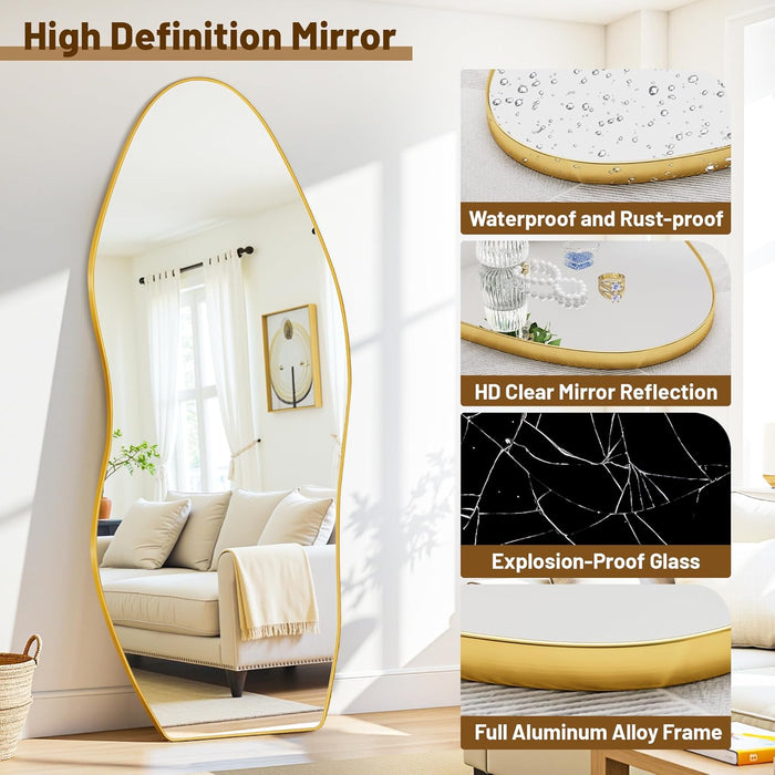 Full Length Mirror, 68"X26" Floor Mirror with Stand, Standing Hanging Leaning Irregular Mirrors for Bedroom Living Room Entryway, Wavy Shaped, Golden