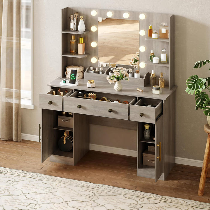 Grey Vanity Desk With Mirror LED BuiltInChargingStation