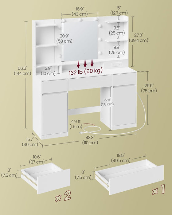 VASAGLE KAILYN Collection - Vanity Desk with Mirror and 9 LED Bulbs, Modern Vanity Makeup Table with Power Outlets, Dressing Table with 2 Cabinets, for Bedroom, Cloud White URDT142WB01S