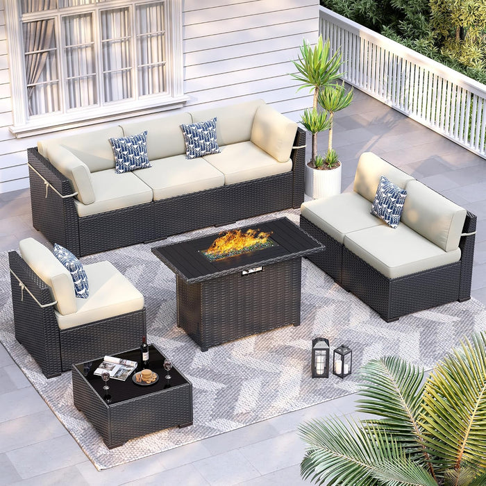 8 Piece Patio Furniture Set with 44” Fire Pit Table with Thickened Cushions