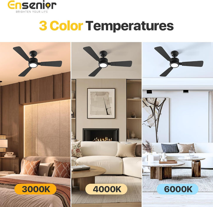 42 Inch Ceiling Fans with Lights and Remote, Small Bedroom Ceiling Fan with 3 Reversible Blades (Black/Wood), Quiet DC Motor, 6 Speeds, 3 Color, Memory Function, Modern Fan for Home, Black