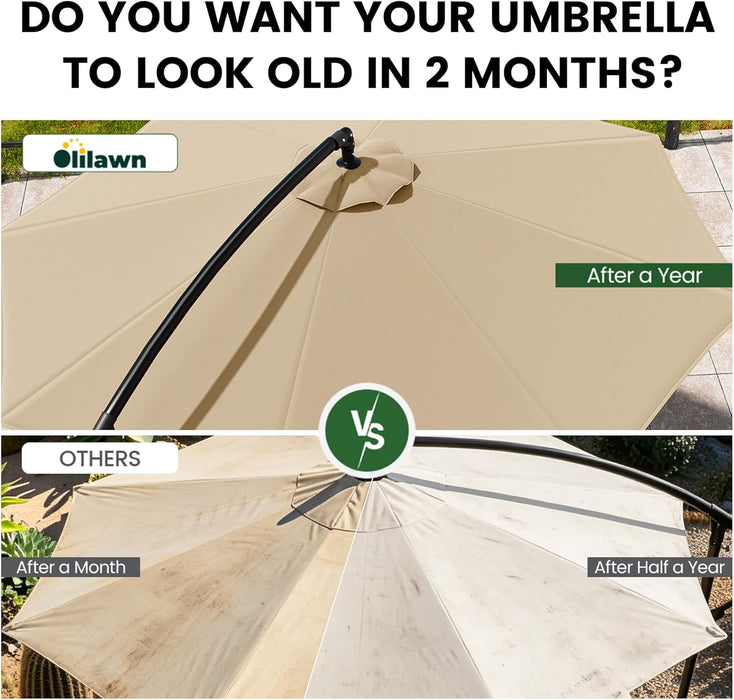 10FT Cantilever Offset Patio Umbrella with Base Included, Outdoor Patio Umbrella, Fade-Resistant Yarn-Dyed Canopy with PU Coating, 360° Rotation & Infinite Tilt, Heavy Duty 8-Rib Steel Frame for Patio, Pool, Deck, Backyard, Beige