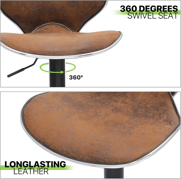 Bar Stools Set of 2 Adjustable Counter Height PU Leather Modern Swivel Barstools W/Back and Footrest Kitchen Counter Chairs, Coffee Color