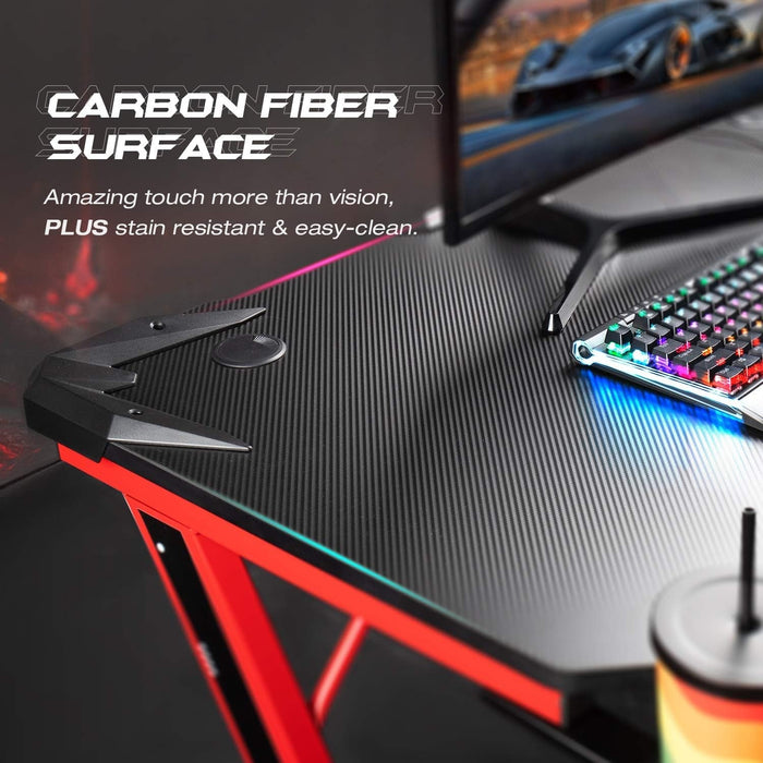 Gaming Computer Desk with Carbon Fiber Surface, Gaming Table Z Shaped Pc Home Office with Cup Holder&Headphone Hook(44 In, Red)
