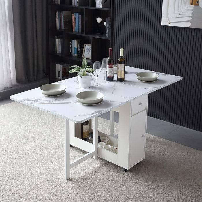 Folding Dining Table with Storage, Kitchen Table for Small Spaces | Foldable, Drop Leaf, Movable, 4 Wheels, Space Saving, Extendable, Marble Texture Top, for Apartment Kitchen Living Room White