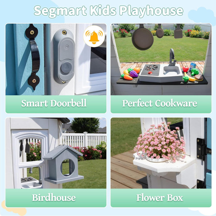 Kids Playhouse – Outdoor & Indoor Playset, Modern White Cedar Wooden Playhouse for Ages 3–8 with Split Dutch Door, Functional Kitchen Set (Includes Stove, Sink), Interactive Doorbell (White)