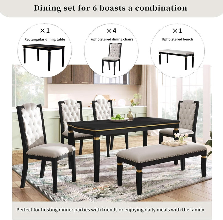 6-Piece Kitchen Dining Table Set, 60" Rectangular Table with 4 High-Back Tufted Upholstered Chairs & 1 Bench, Rubberwood Legs Modern Elegant Farmhouse for Kitchen Room, Black