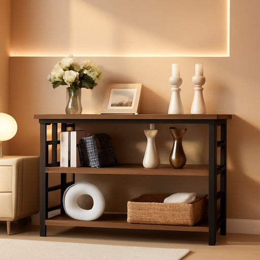 Book Shelf, 3 Tier Long Bookshelf with Storage, Engineered Wood and Metal Shelf Bookcase, Low Short Bookcases for Small Space, Living Room, Bedroom, Office, Rustic Brown