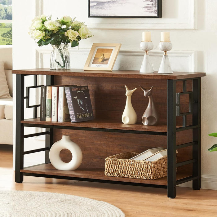 Book Shelf, 3 Tier Long Bookshelf with Storage, Engineered Wood and Metal Shelf Bookcase, Low Short Bookcases for Small Space, Living Room, Bedroom, Office, Rustic Brown