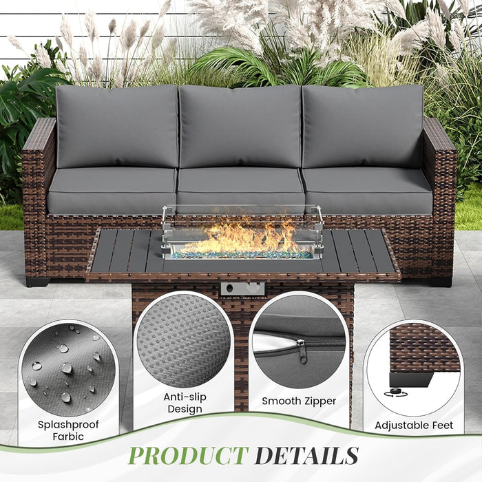 Oversized Outdoor Sectional Sofa Set with 44" Metal Fire Pit Table & Storage Coffee Table - Waterproof Wicker Patio Furniture Set, Modular Furniture with Removable Cushions (Grey)