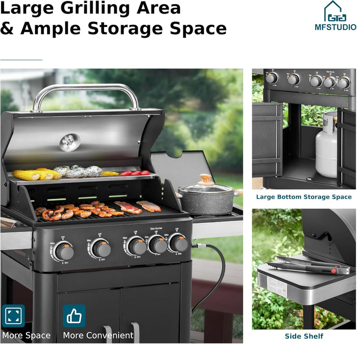 4 Burners Propane Gas Grill and Griddle Combo with Side Burner, 2 in 1 Griddle Grill and Porcelain-Enameled Cast Iron Grates, 46,700 BTU Outdoor Cooking Barbecue Grill, Black