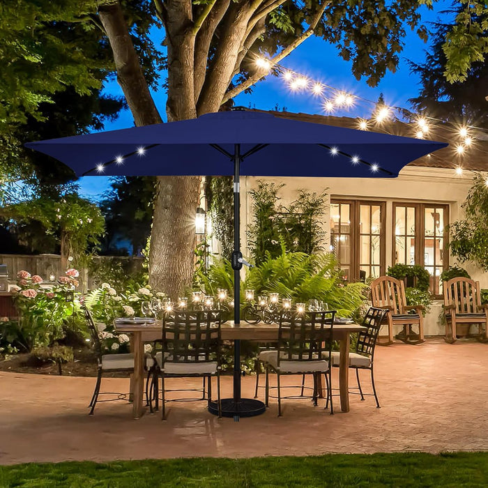 6.5X10Ft Rectangular Patio Umbrella Solar Powered Outdoor Table Market Umbrella with LED Lights & Push Button Tilt & Easy Crank for Garden/Lawn/Beach/Pool/Deck Navy Blue