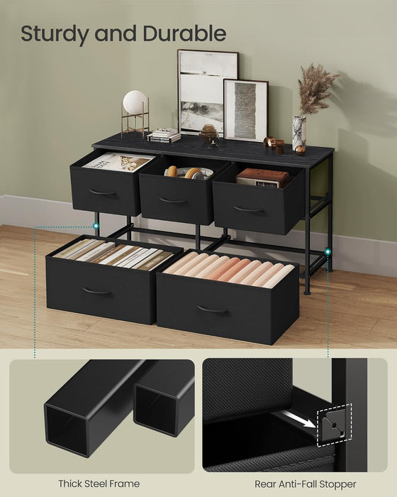 Dresser for Bedroom, Chest of Drawers, Steel, MDF, 5 Non-Woven Fabric Drawers, Storage Organizer Unit, Closet, Entryway, Ink Black and Ebony Black ULGS322B01S