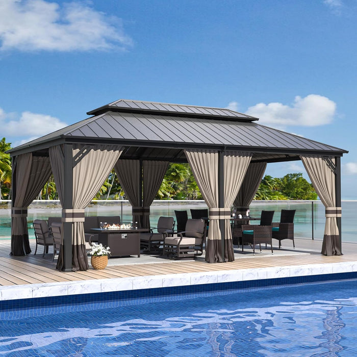 12x20 Ft Hardtop Gazebo With Double Roof NettingCurtains