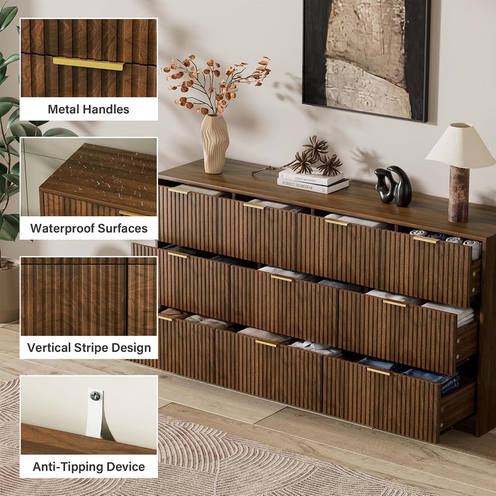 Walnut 10 Drawer Dresser for Bedroom, 63" Wide Fluted Wood Dresser