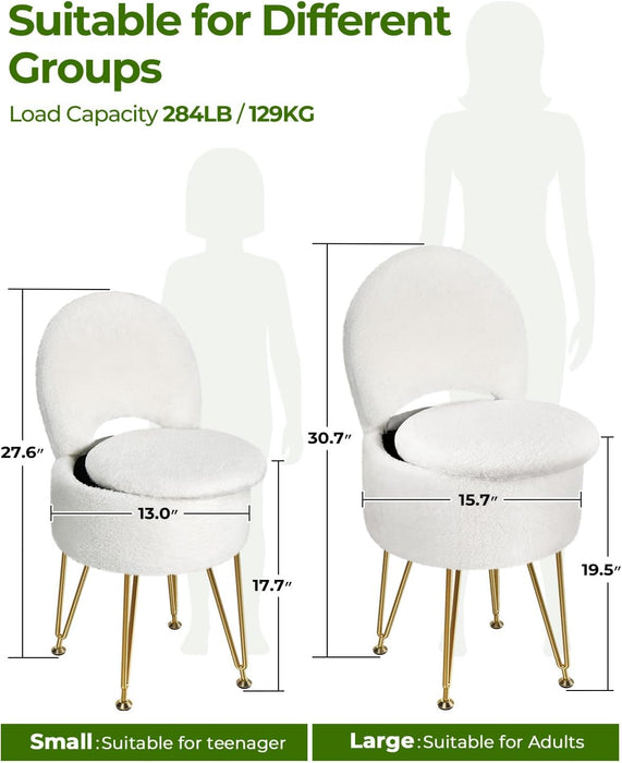 Vanity Stool Chair with Storage and Folding Back, 15.7" X 15.7" X 19.5" Faux Fur Soft Ottoman for Adults, 4 Metal Legs with Anti-Slip Feet, Furry Padded Seat for Makeup, Bedroom, White