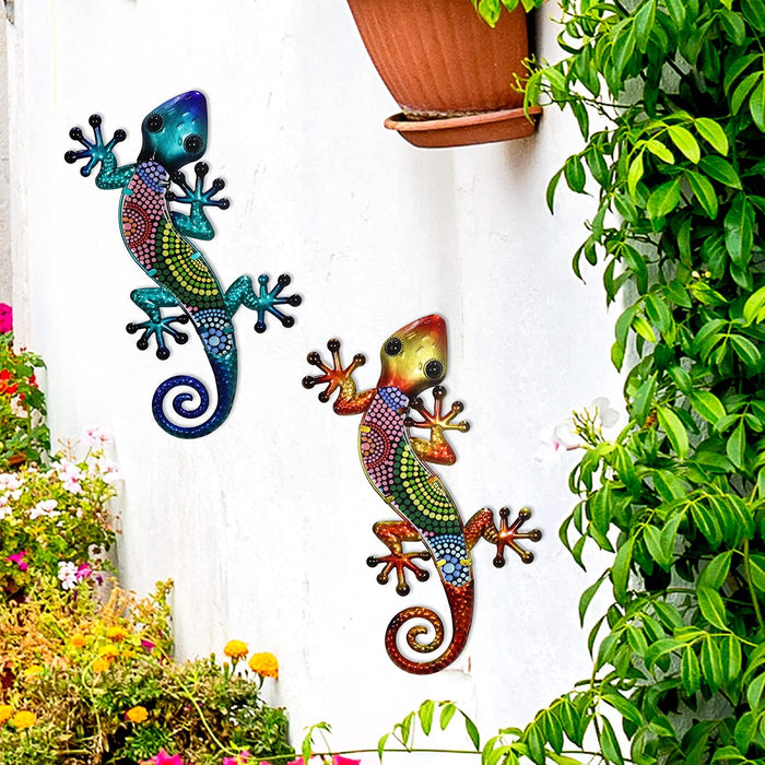 Metal Gecko Wall Art 2 Pack 15 Inch Lizard Outdoor Decor Hanging Glass Sculpture Decoration for Garden Fence Home