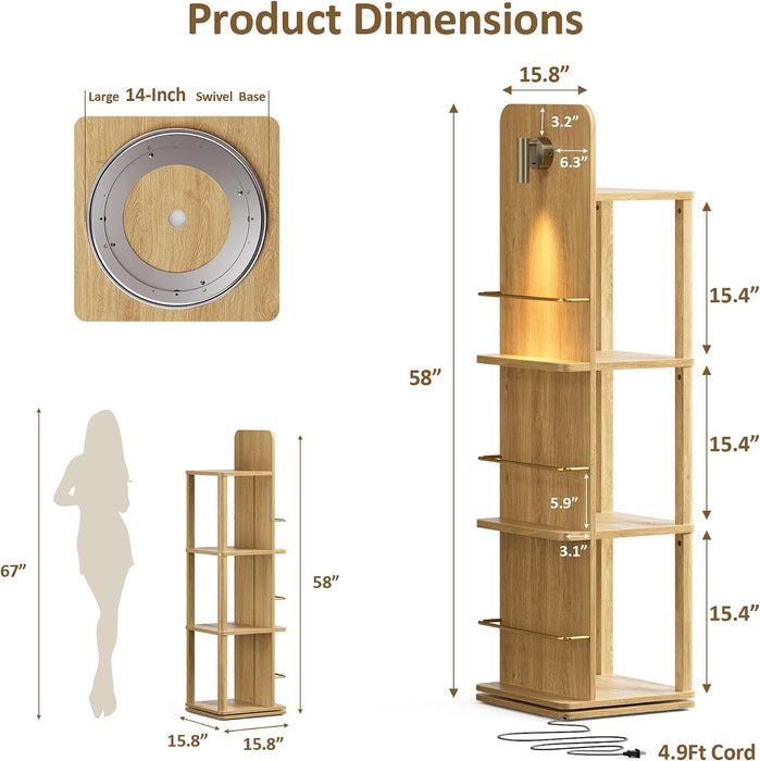 Rotating Bookshelf Tower W/Light, 15.4''/Shelf for Living Room Oak | 15.4'' Tall/Shelf, 4 Tier Spinning Bookshelf, Space-Saving Storage Book Shelf for Living Room, Bedrooms, Office, Natural Oak