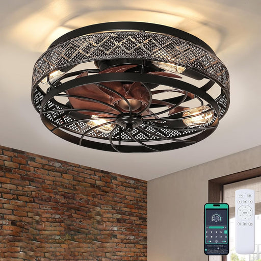 18" Low Profile Caged Ceiling Fans with Lights and Remote, Flush Mount Ceiling Fan with Light, Bedroom Fan, Small Industrial Black Ceiling Light Fixture, Reversible(Bulbs Not Included)
