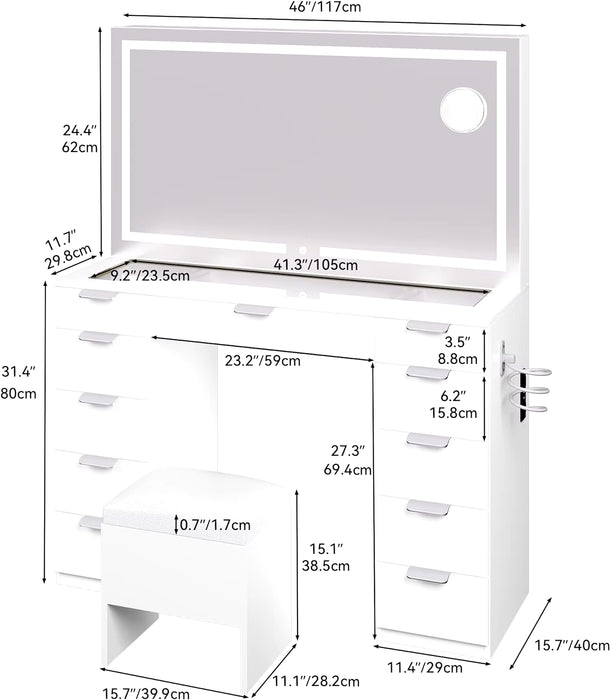 Vanity Desk Set with Large LED Lighted Mirror & Power Outlet Glass Top Vanity with 11 Drawers and Magnifying Glass 46'' Large