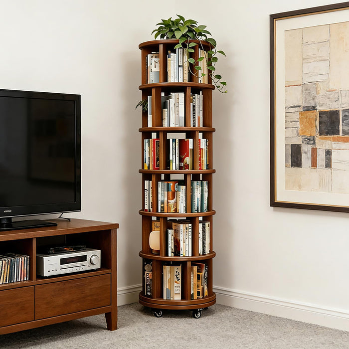 6‑Tier Rotating Bookshelf, Solid Rubber Wood 360° Revolving Bookcase with Lockable Casters, Space‑Saving Tall Storage Shelf for Living Room Bedroom Home Office, Walnut, 17.3"D×17.3"W×78.5"H