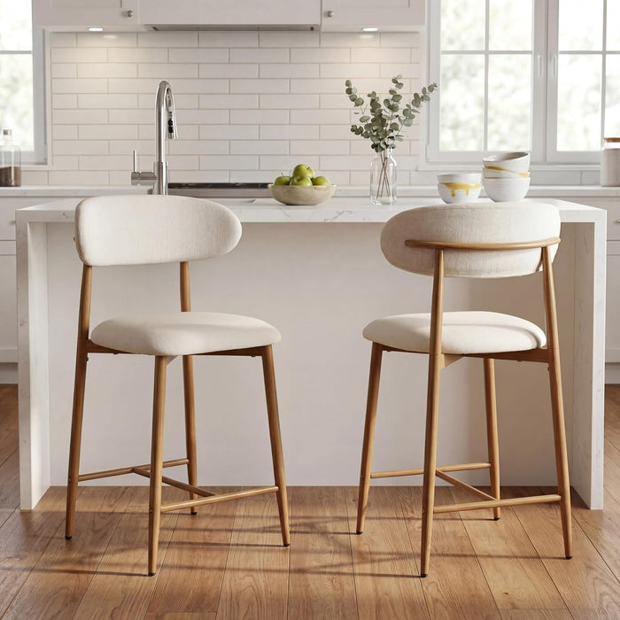Counter Height Bar Stools Set of 3, Upholstered Counter Stools Modern Barstools with Metal Legs for Kitchen Island Dining Room, Wood-Grain