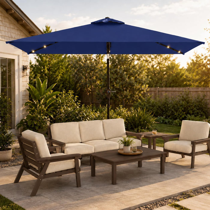 6.5 X 10Ft Rectangular Patio Umbrella with Solar Lights, 16 LED Lighted Market Umbrella with Push-Button Tilt and Crank, 6 Sturdy Iron Ribs for Garden, Deck, Pool, Navy Blue