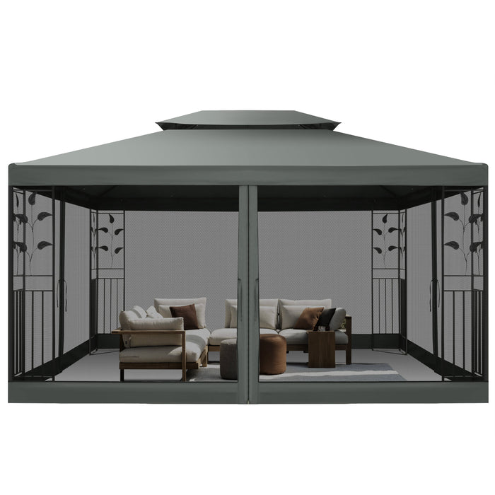 10' X 13' Pop up Gazebo, Screened Patio Gazebo, Outdoor Steel Double Roof Canopy Tent, Metal Frame Canopy with Mosquito Netting, Sunshade for Garden, Lawns, Gray