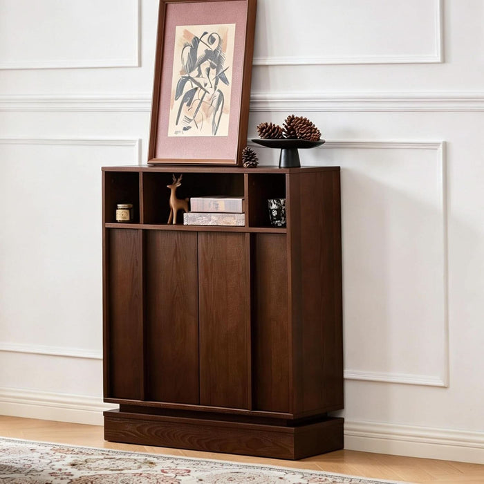 Wooden Sideboard Buffet Cabinet with Open Storage & Adjustable Shelves,Farmhouse Narrow Entryway Cabinet with Socket Hole & Anti‑Tip Kit,Slim Accent Cabinet for Small Spaces (Walnut 31.7")