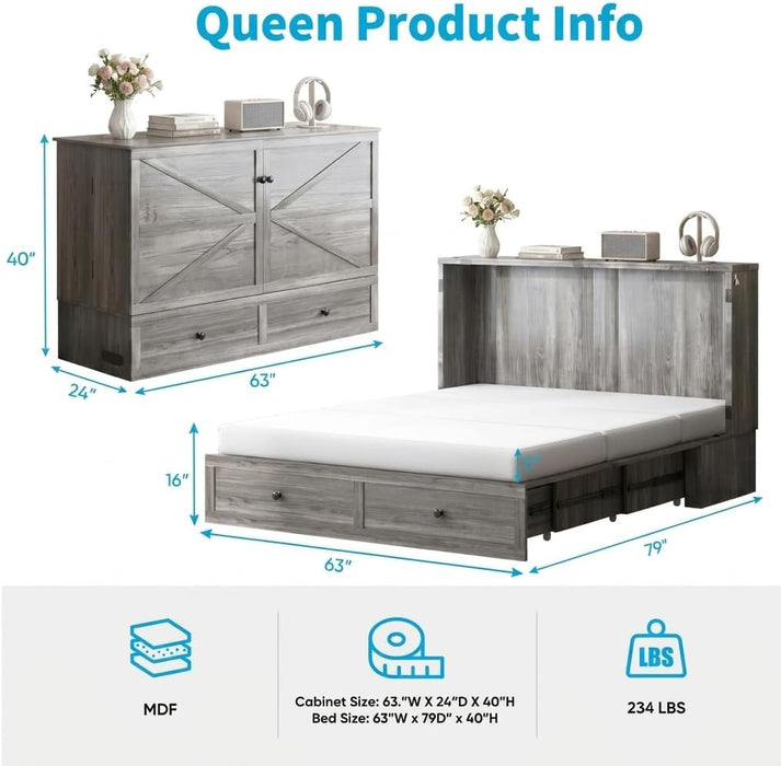 Gray Queen Murphy Cabinet BedFrame With StorageDrawers