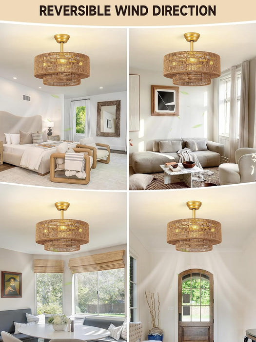 Boho Caged Fandelier with Lights Flush Mount Rattan Ceiling Fan