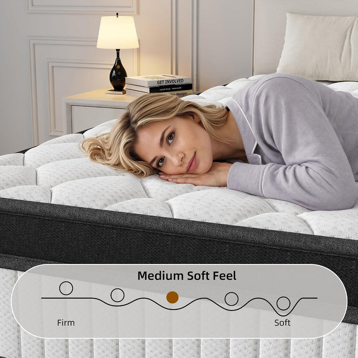 14 Inch Queen Hybrid Mattress - Medium Firm Memory Foam and Pocket Spring Bed in a Box - Cooling Gel for Pressure Relief, Certified Motion Isolation, Fiberglass Free Mattress for Queen Bed