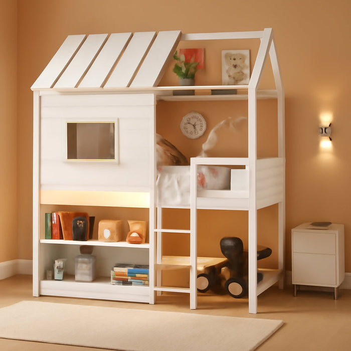 Twin Size Loft Bed with LED Lights, House Bed with Roof, Window & Storage Bookshelf, Solid Wood Bed Frame with Ladder, Safety Guardrails, Under-Bed Play Space, for Kids Boys Girls, White