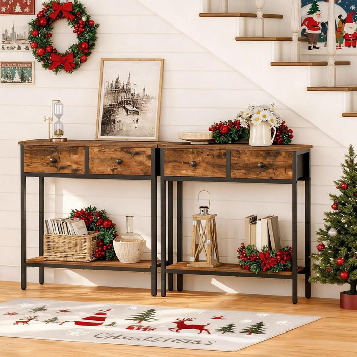 29.5" Narrow Console Table with 2 Fabric Drawers, Small Entryway Table with 2-Tier Storage Shelves, Sofa Table, behind Couch Table, for Living Room, Hallway, Rustic Brown and Black BF71XG01