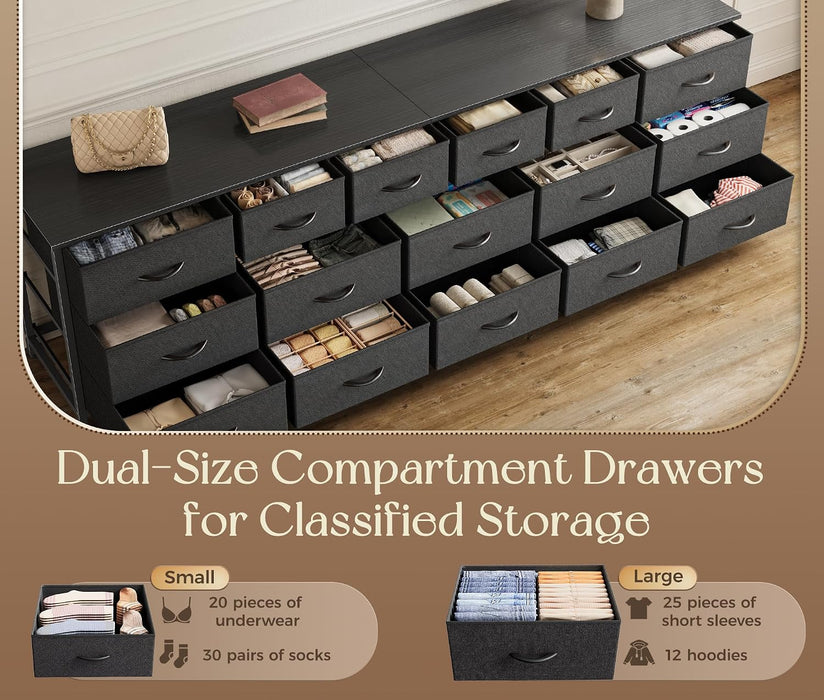 77.6" Long Dresser for Bedroom, 16 Drawer Fabric Dresser for Closet, Wide Chest of Drawers with Storage, TV Stand for 65, 75, 85 Inch TV, 77.6" W X 13" D X 26.4" H, Black