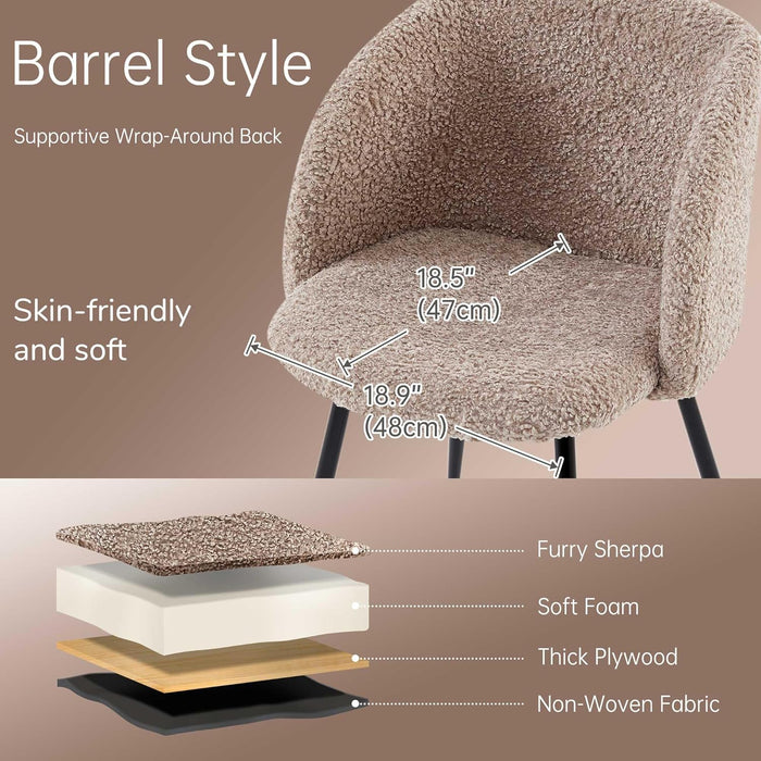 Accent Chairs Set of 2, Fuzzy Sherpa Dining Chairs with Barrel Back, Upholstered Faux Fur Armchairs with Black Metal Leg, Living Room Chairs (Light Brown)