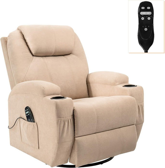 Rocking Chair Recliner Chair with Massage Swivel Ergonomic Lounge Chair Classic Single Sofa with 2 Cup Holders Side Pockets Living Room Chair Home Theater Seat (Beige)