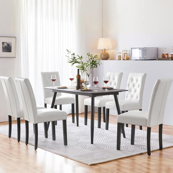 Yaheetech Dining Chairs with Leather Seat and Solid Wood Legs Button Tufted Padded Kitchen Chair Accent Side Chair for Home Kitchen and Restaurant, Set of 6, White