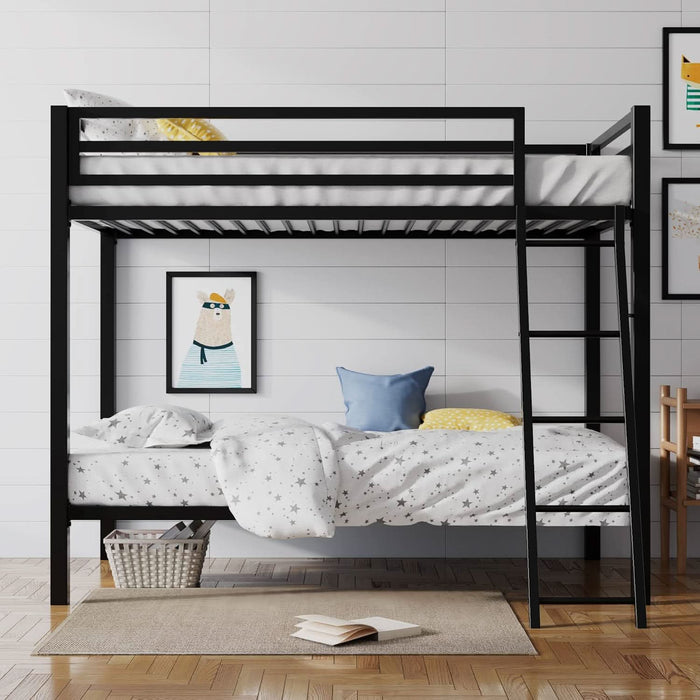 Loft Bunk Bed Twin over Twin Size with Ladder and Guardrail,Heavy Duty Metal Slats Support No Box Spring Needed Small Space Saving Furniture for Bedroom Dorm,Black