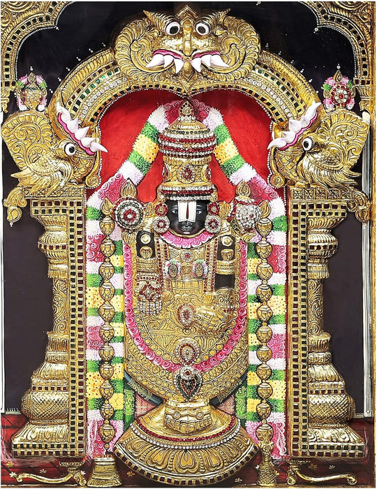 55" X 43" Lord Venkateswara as Balaji at Tirupati with Goddess Lakshmi Tanjore Painting | Traditiona